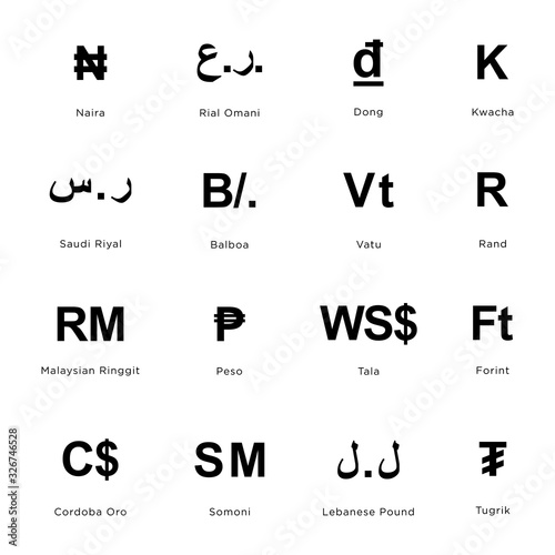 World currency symbol coins set: Naira; Rial omani, dong, kwacha, saudi riyal, balboa, vatu, rand, malaysian ringgit, peso, tala, forint, cordoba oro, somoni, lebanese pound, tugrik, photo