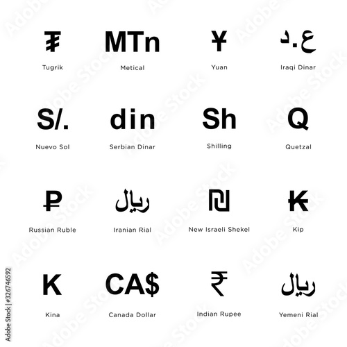 World currency symbol coins set: Tugrik,  Yuan, Irani Dinar, Nuevo sol, Serbian Dinar, Shilling, Quetzal, Russian Ruble, Iranian Rial, New Israeli Shekel, Kip, Kina, Canada Dollar, Indian Rupee, Rial.