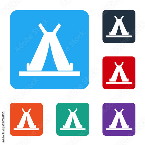 White Traditional indian teepee or wigwam icon isolated on white background. Indian tent. Set icons in color square buttons. Vector Illustration
