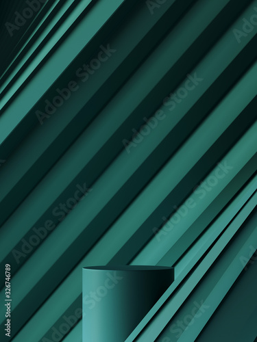 Abstract background for branding and minimal presentation. Green podium on folding paper pleated geometric background. 3d rendering illustration.
