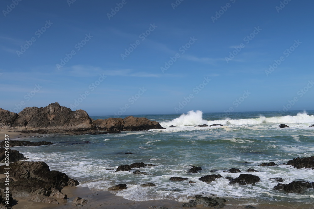 Landscape of rocks and waves on the Pacific Ocean at Point Reyes National Seashore in California
