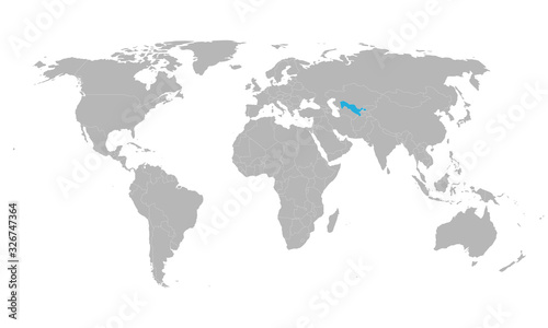 Uzbekistan highlighted blue on world map. Asian country. Perfect for business concepts  backgrounds  backdrop  poster  chart  banner  label  sticker and wallpapers.