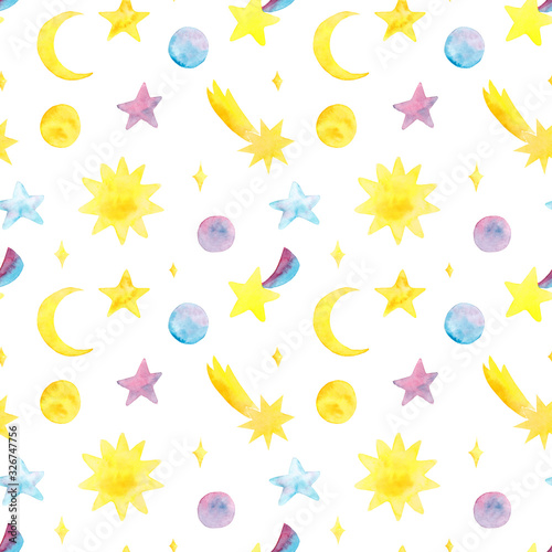 Watercolor hand drawn multi colored stars, moon, sun and comets seamless pattern isolated on white background. Outer space print for textile, wallpaper, wrapping paper, background, design etc.