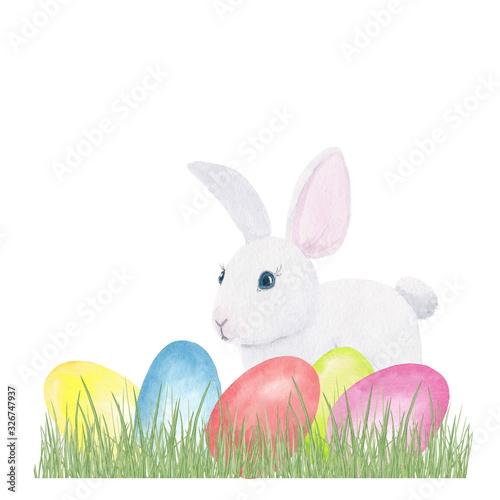 Watercolor hand drawn Easter composition with white rabbit and multi colored eggs on spring green grass isolated on white background. Design element for holiday card, invitation, background etc. © Lelakordrawings