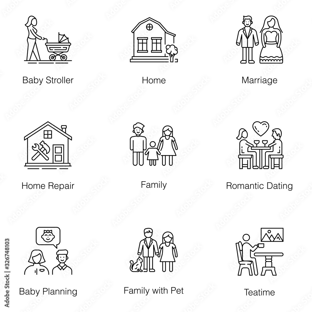  Family, Couples, and Home Line Vectors Pack 