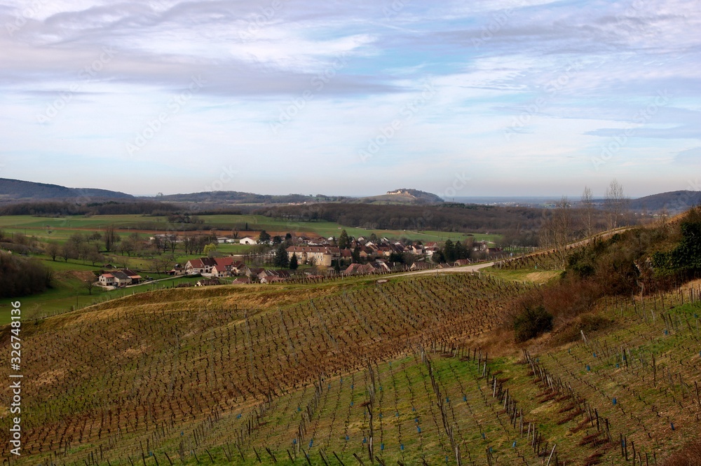 Paysage et vignes dans le Jura.