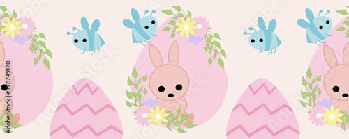 horizontal border with pink easter egg, bunny and bees