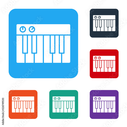 White Music synthesizer icon isolated on white background. Electronic piano. Set icons in color square buttons. Vector Illustration