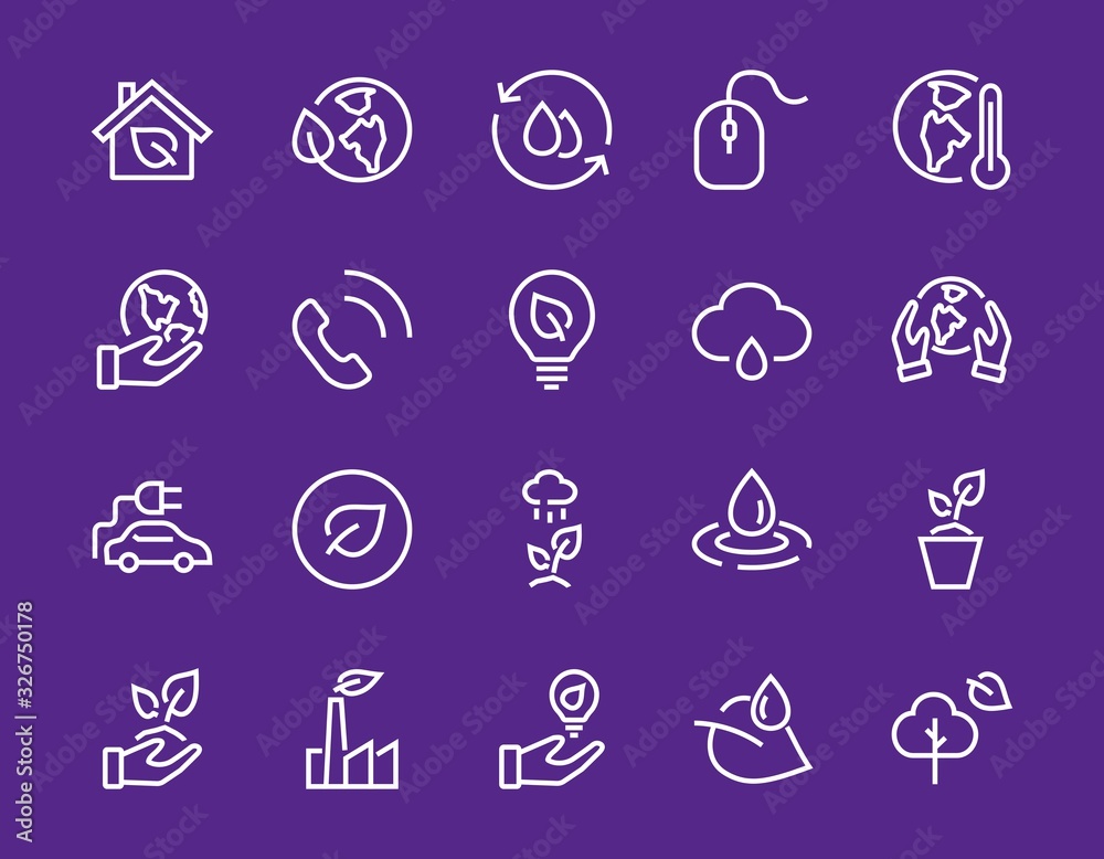 Set of icons on the theme of Ecology, vector lines, contains icons such as electric car, global warming, forest, eco, watering plants and much more. Editable stroke, White background.