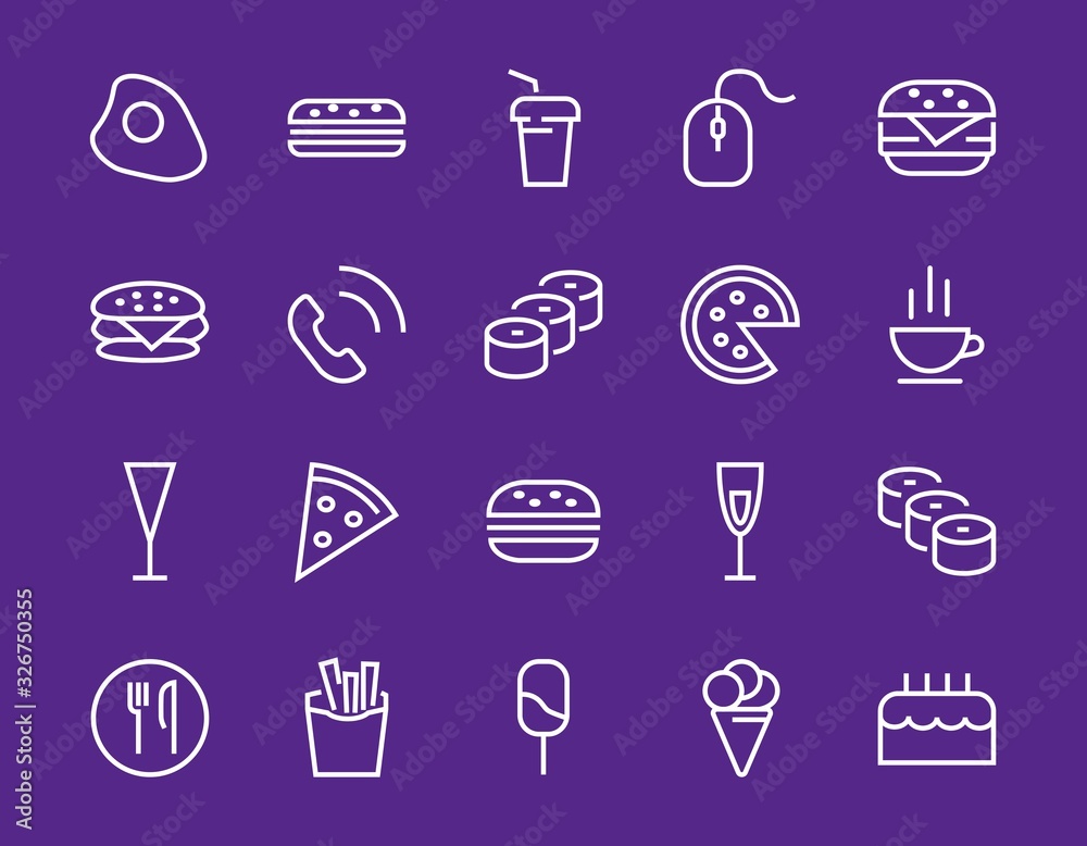A simple set of fast food icons related to the vector line. Contains icons such as pizza, burger, sushi, bike, scrambled eggs and more. EDITABLE stroke. 480x480 pixels perfect, EPS 10 A simple set of fast food icons related to the vector line. Contains icons such as pizza, burger, sushi, bike, scrambled eggs and more. EDITABLE stroke. 480x480 pixels perfect, EPS 10