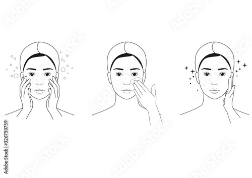 Concept on the theme of facial skin care. Portrait of a girl in a linear style. Vector illustration