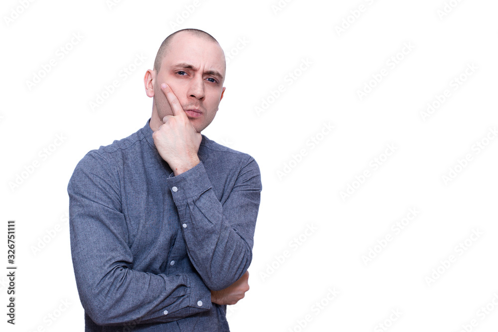 Suspecting man making a choice - portrait on white background Suspecting man making a choice - portrait on white background