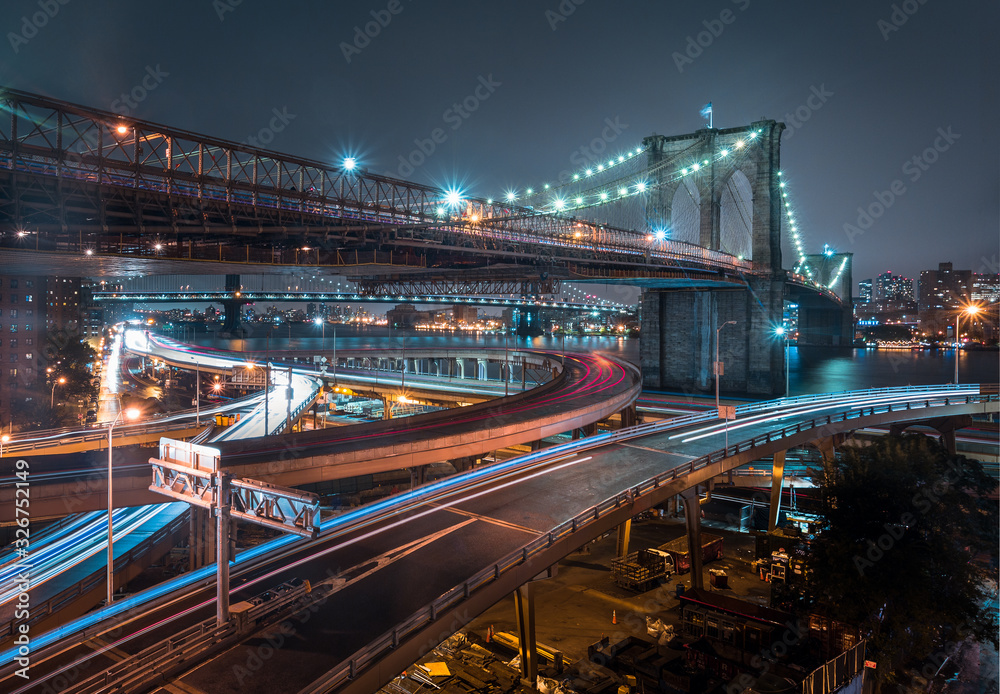 Brooklyn Bridge at night, cool tones, long exposure and car lights