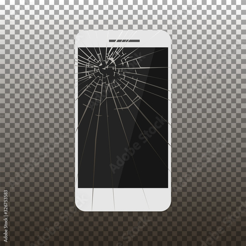 Cracked smartphone screen. Broken mobile phone isolated on transparent background. Repair mobile phone outline icon. Work tools. Vector Illustration.