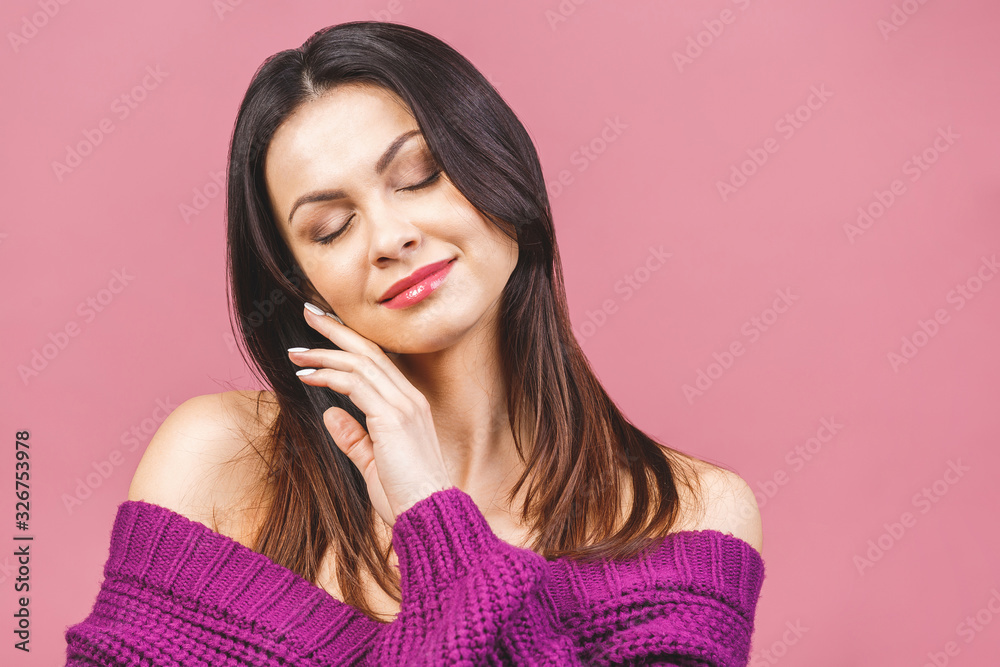 Beautiful smiling girl with clean skin, natural make-up, and white teeth on pink background. Beautiful smiling girl with clean skin, natural make-up, and white teeth on pink background.