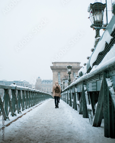 Pont sous la neige à Budapest
