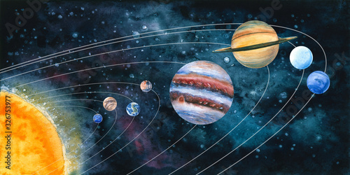 Obraz na plátně Watercolor solar system with planets