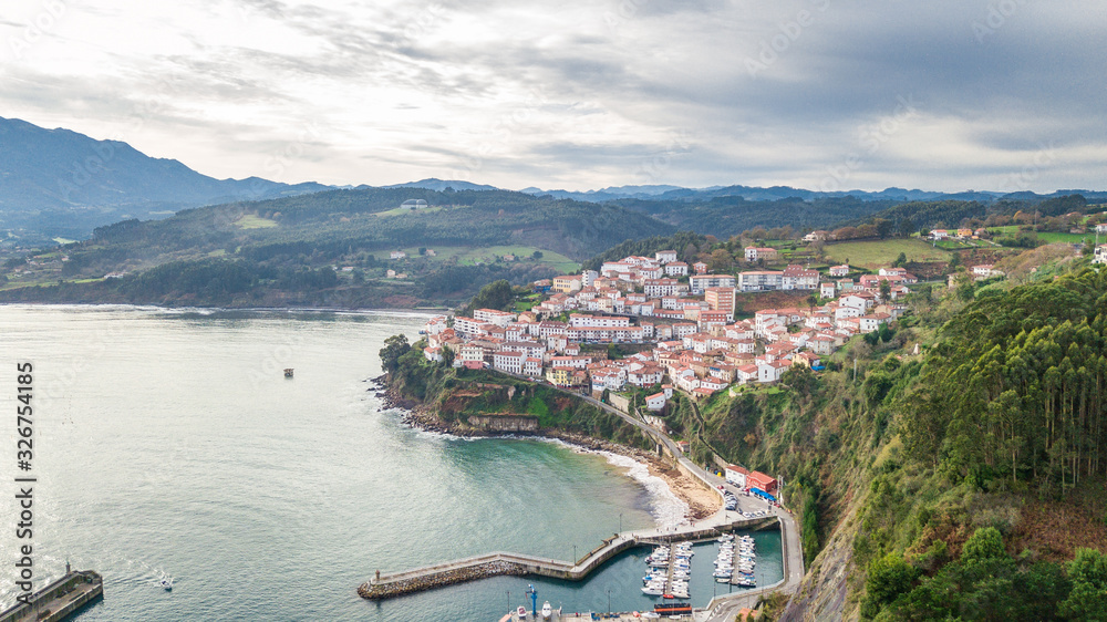 aerial view of lastres fishing town in asturias, Spain