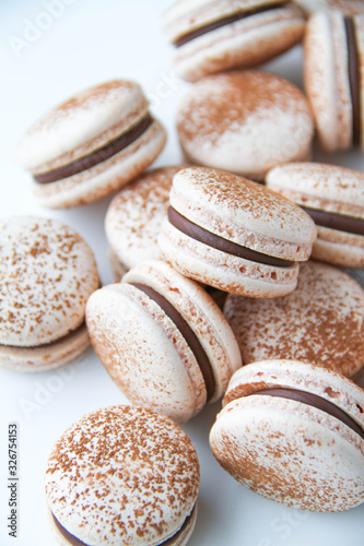 French dessert macaron powered with cocoa powder and filled with dark chocolate ganache. On a white background. Back view.