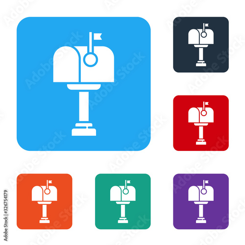 White Mail box icon isolated on white background. Mailbox icon. Mail postbox on pole with flag. Set icons in color square buttons. Vector Illustration