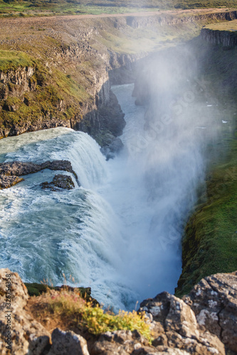 Gullfoss waterfall at sunrise is the biggest waterfall in Iceland  landscape photography