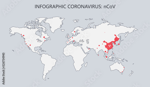 Coronavirus infographic with world map showing the centres of the outbreaks of the illness  vector illustration