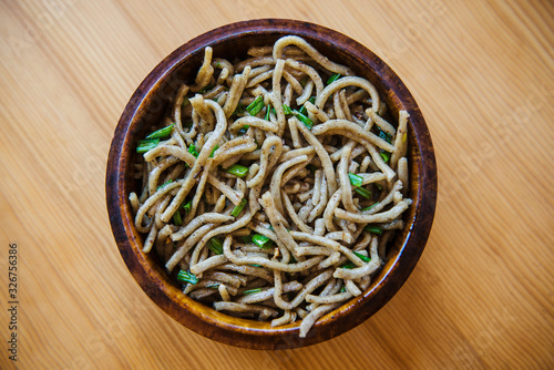 Buckweat noodles with chives photo