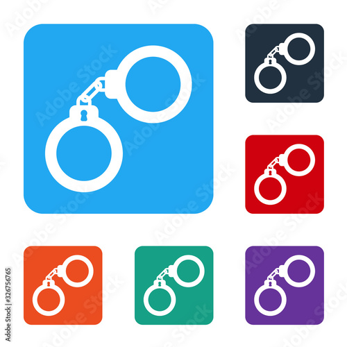 White Handcuffs icon isolated on white background. Set icons in color square buttons. Vector Illustration