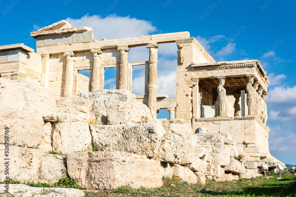 Ruins of Erechtheion temple at the Acropolis of Athens in Greece