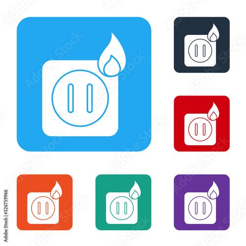 White Electric wiring of socket in fire icon isolated on white background. Electrical safety concept. Plug outlet on fire. Set icons in color square buttons. Vector Illustration