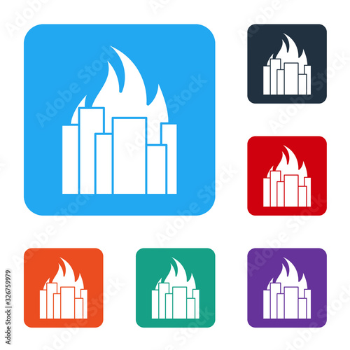 White Fire in burning buildings on city street icon isolated on white background. Destroyed city on fire. Set icons in color square buttons. Vector Illustration