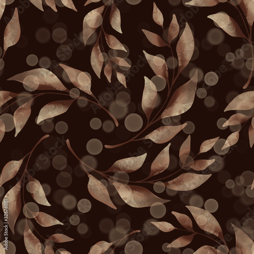 Pink leaves and branches seamless pattern on black. Watercolor illustration