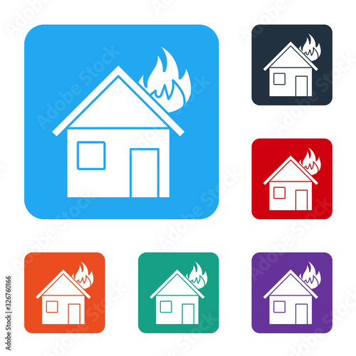 White Fire in burning house icon isolated on white background. Set icons in color square buttons. Vector Illustration