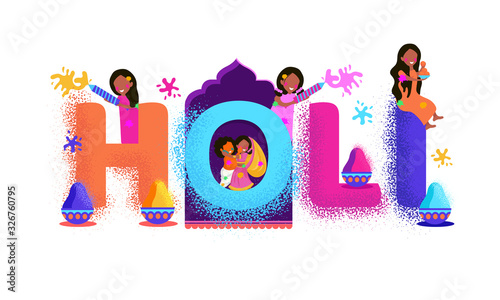 Illustration of indian people celebrating festival of colors holi adorable doodles creative concept design. Happy Holi. photo