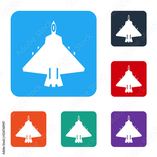 White Jet fighter icon isolated on white background. Military aircraft. Set icons in color square buttons. Vector Illustration