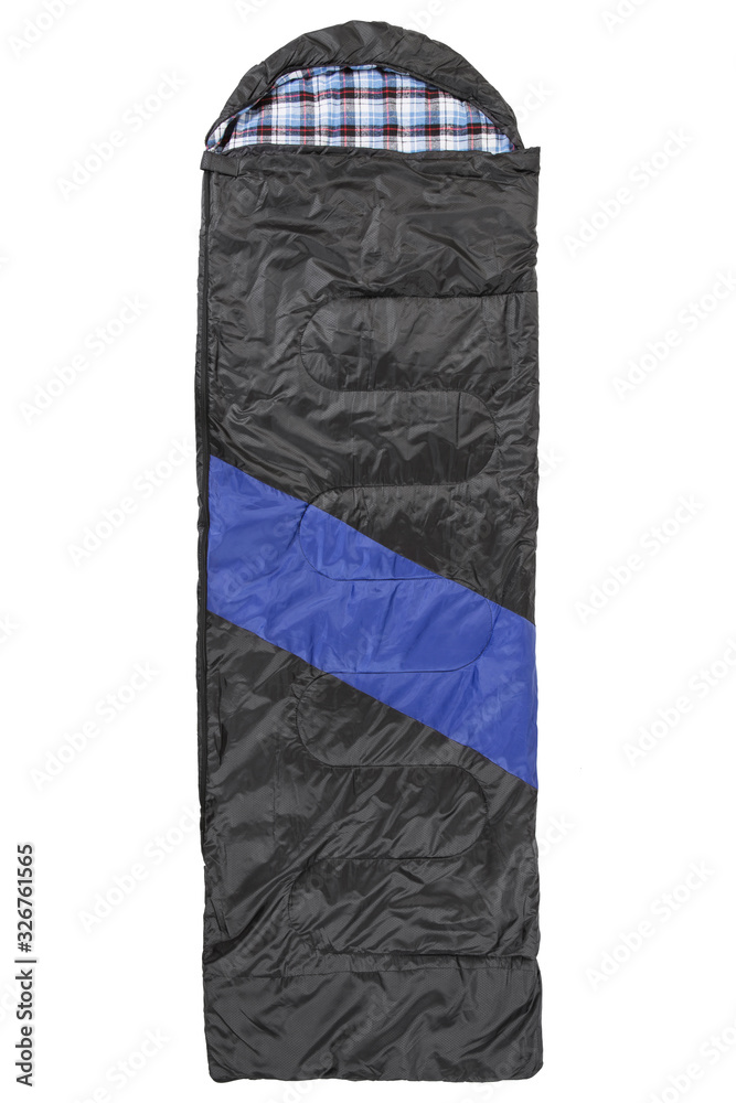 the sleeping bag is laid out, a vertical arrangement, on a white background, isolate