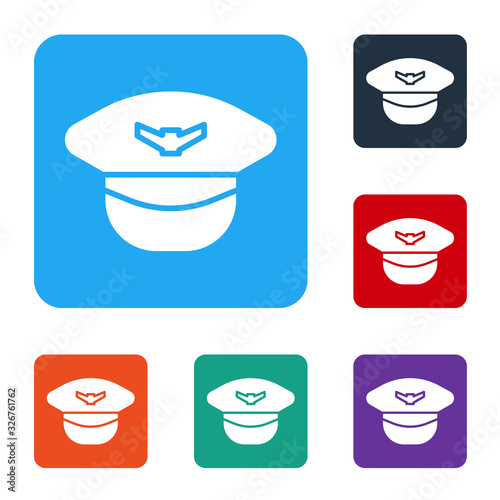 White Pilot hat icon isolated on white background. Set icons in color square buttons. Vector Illustration