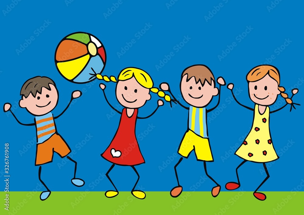 Jumping kids with ball, funny vector illustration. Color picture on blue background.