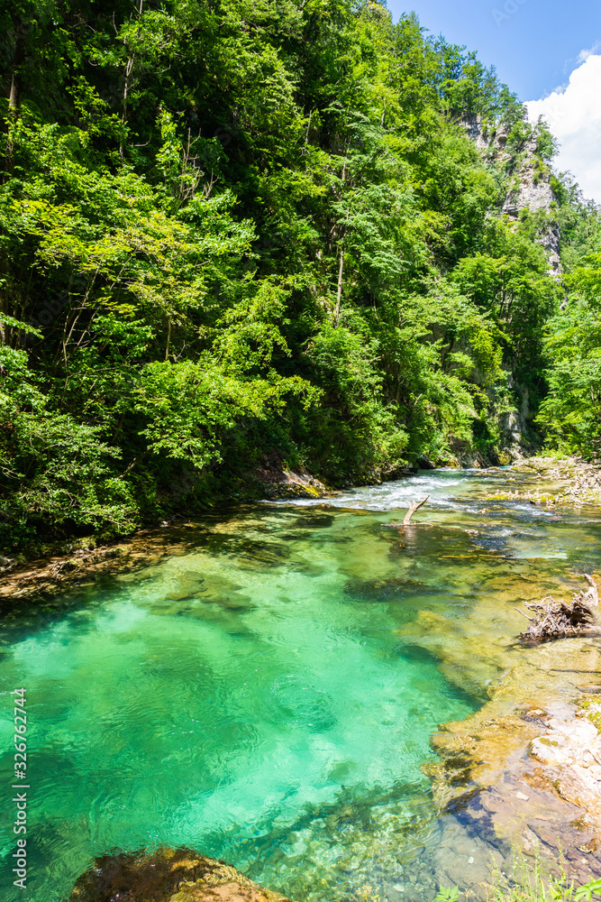 Landscape in Vintgar Gorge (Soteska Vintgar) near Bled town in Slovenia