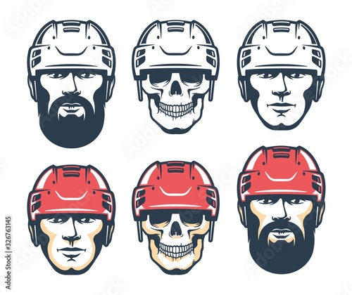 Hockey player head with beard. Skull Sport retro illustration. Vintage vector.
