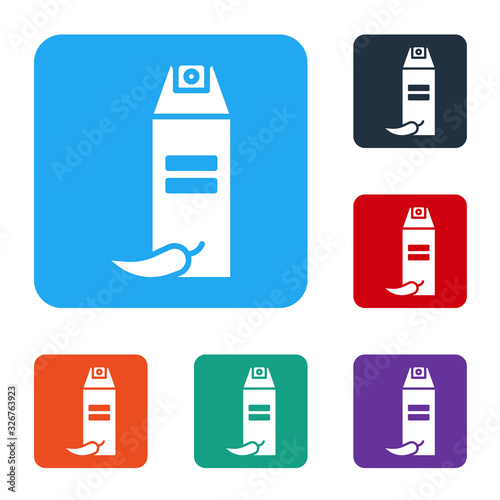 White Pepper spray icon isolated on white background. OC gas. Capsicum self defense aerosol. Set icons in color square buttons. Vector Illustration