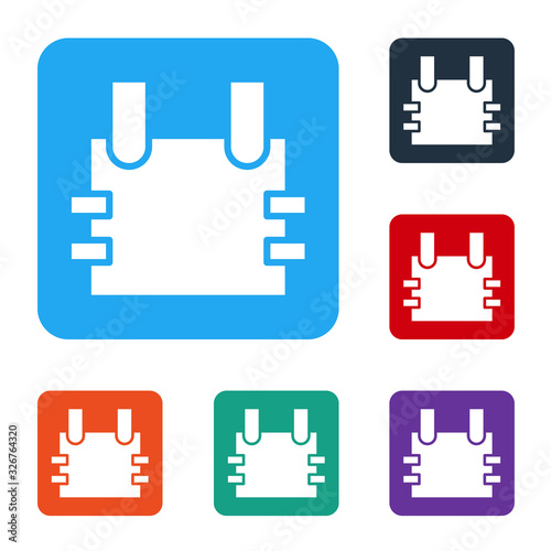 White Bulletproof vest for protection from bullets icon isolated on white background. Body armor sign. Military clothing. Set icons in color square buttons. Vector Illustration