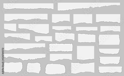 Set of pieces of white torn paper, isolated on grey background. Vector illustration
