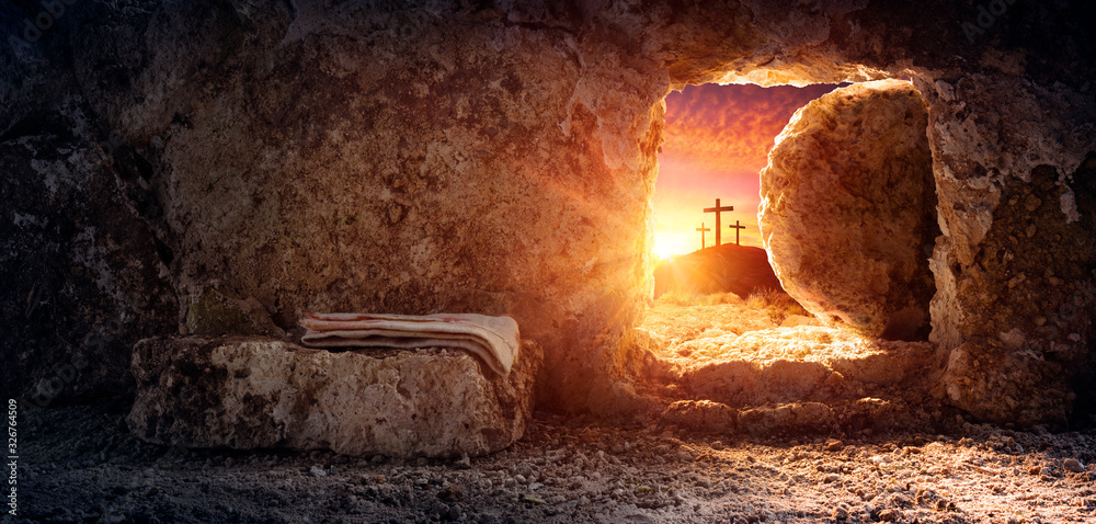 Fototapeta Grób Pusty Całun I Ukrzyżowanie O Wschodzie Słońca - Zmartwychwstanie Jezusa Chrystusa