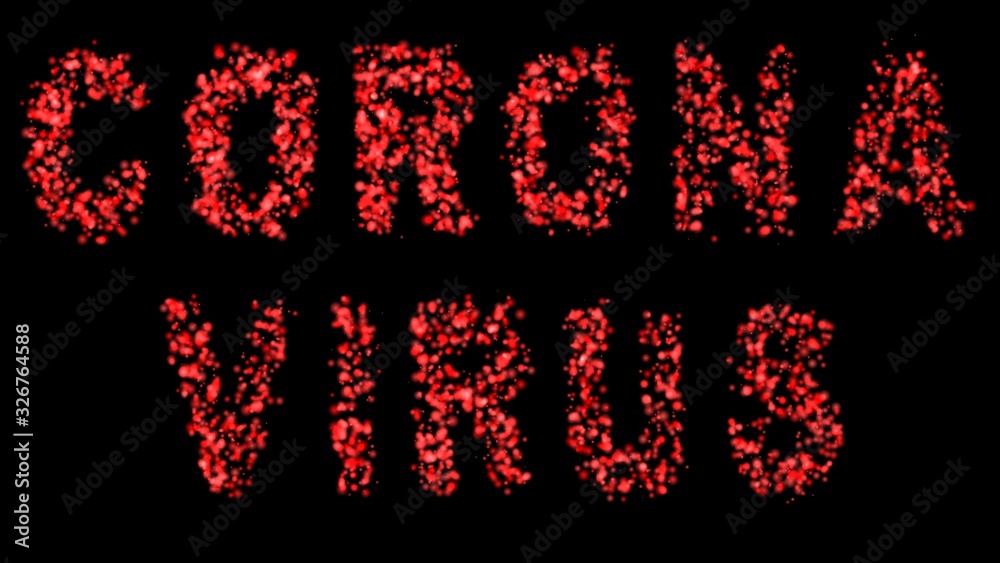 COVID-19. CORONAVIRUS. Lettering concept with the effect of many red and white virus outbreaks. Red word on a black background.