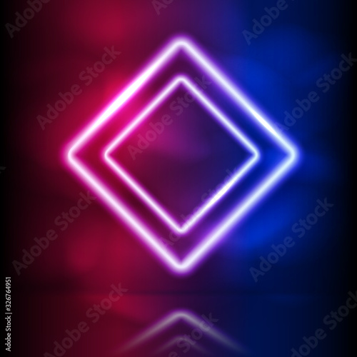 Glowing neon rhombus double frame. Glowing lighting and smoke loops. Pink blue spectrum vibrant colors, laser show