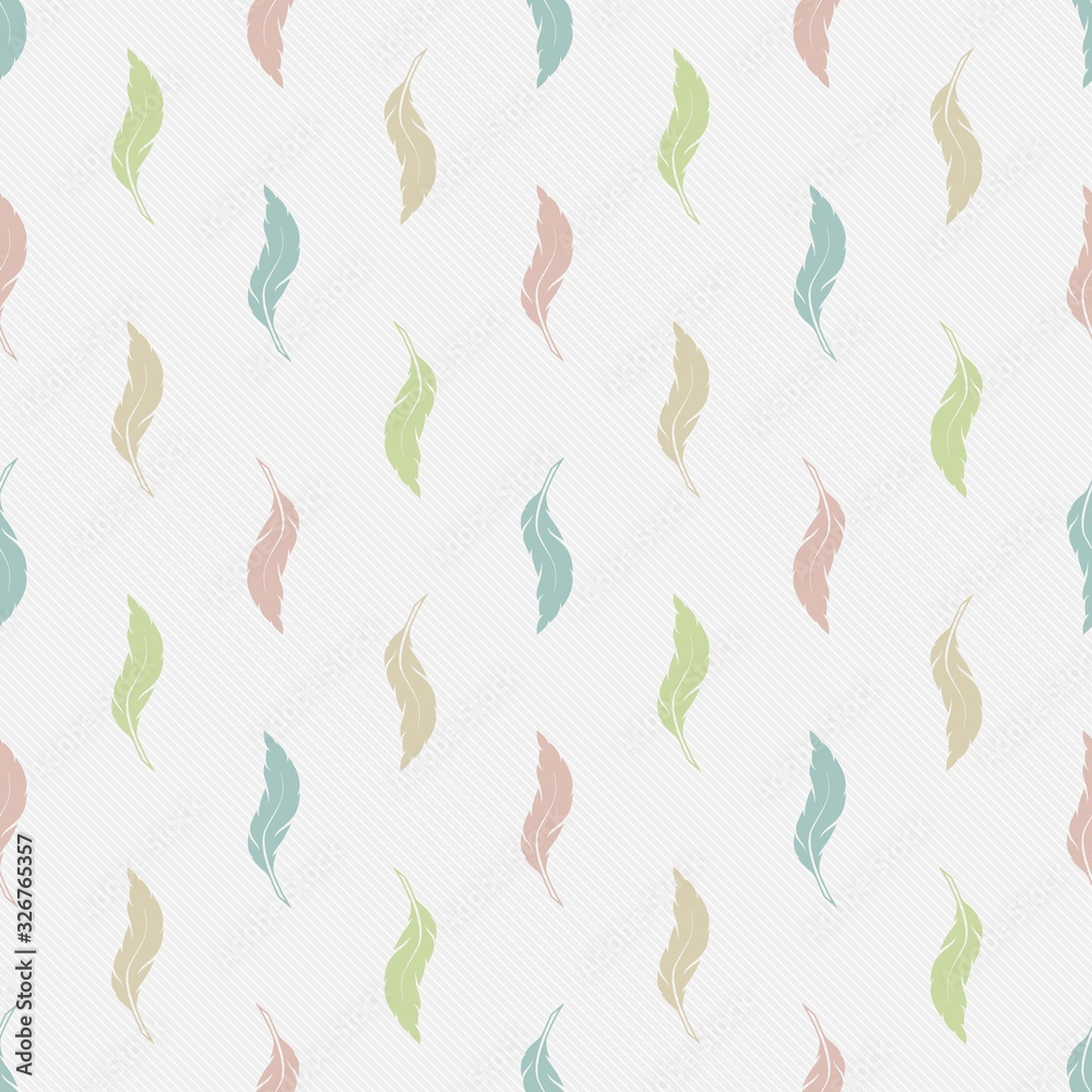 Seamless pattern with colorful feathers on a light gray background. Soft calm tones and colors. Endlessly repeating texture for the design of wallpaper, linens, pillows, textile. Vector illustration. Seamless pattern with colorful feathers on a light gray background. Soft calm tones and colors. Endlessly repeating texture for the design of wallpaper, linens, pillows, textile. Vector illustration.