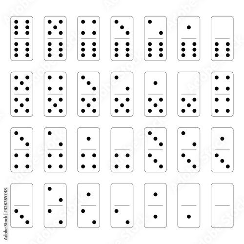Domino set of 28 tiles. White pieces with black dots. Simple flat vector illustration photo