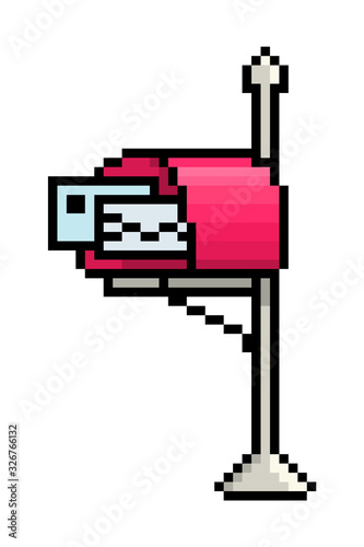 Open red mailbox on a post with two incoming letters in envelopes inside, 8 bit pixel art icon isolated on white background. Old school vintage retro slot machine/video game graphics.