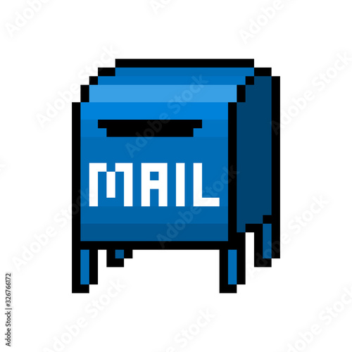Blue mailbox, pixel art icon isolated on white background. 8 bit post box symbol. Old school vintage retro slot machine/video game graphics.
